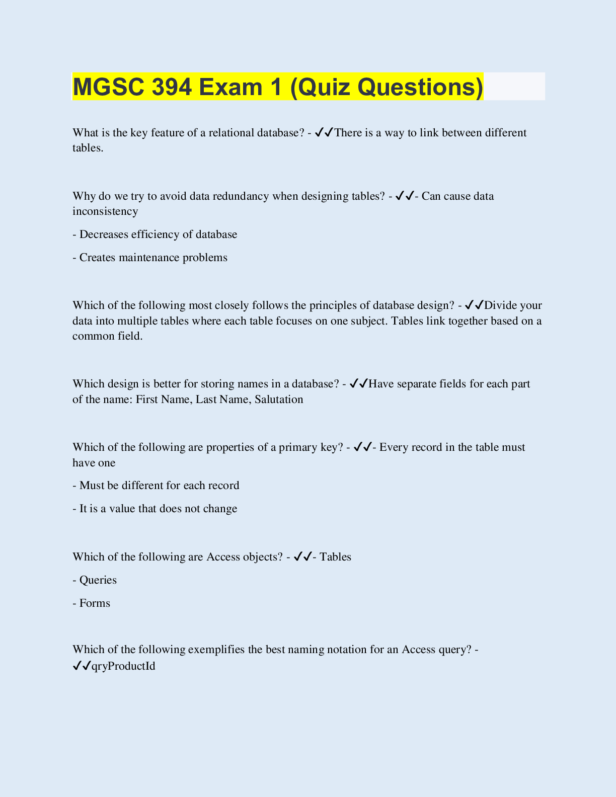Preview of MGSC 394 Exam 1 (Quiz Questions) | 40 Questions with 100% Correct Answers | Updated & Veri